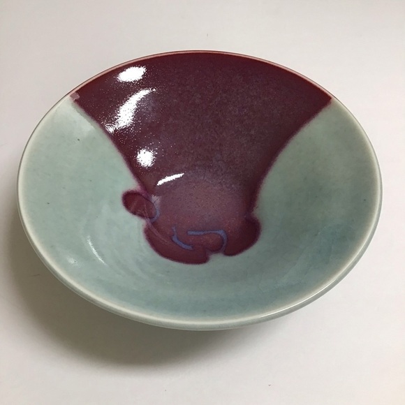 Studio Pottery Bowl SIGNED Ceramics Aqua Purple Gloss Abstract 8” Asian Handmade - Picture 3 of 11